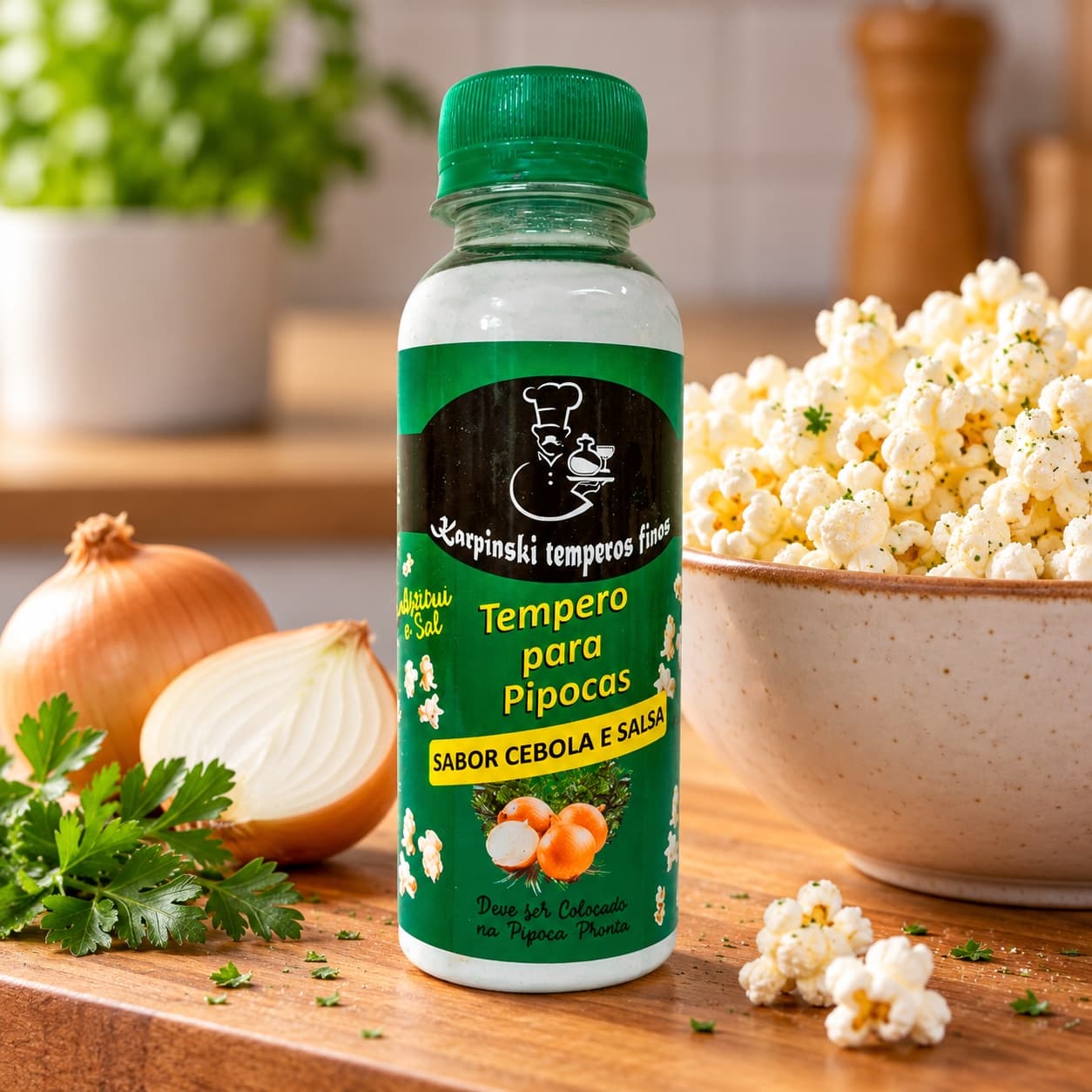 Tempero para Pipoca Sabor Cebola e Salsa Karpinski — no preparo com pipoca preparada em tigela