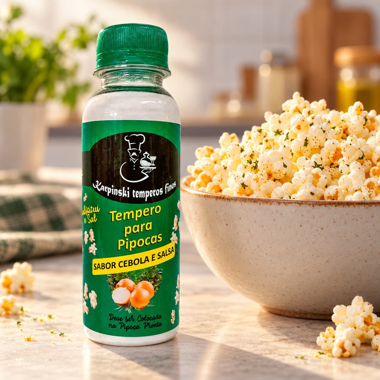 Tempero para Pipoca Sabor Cebola e Salsa Karpinski — com pipoca preparada em tigela