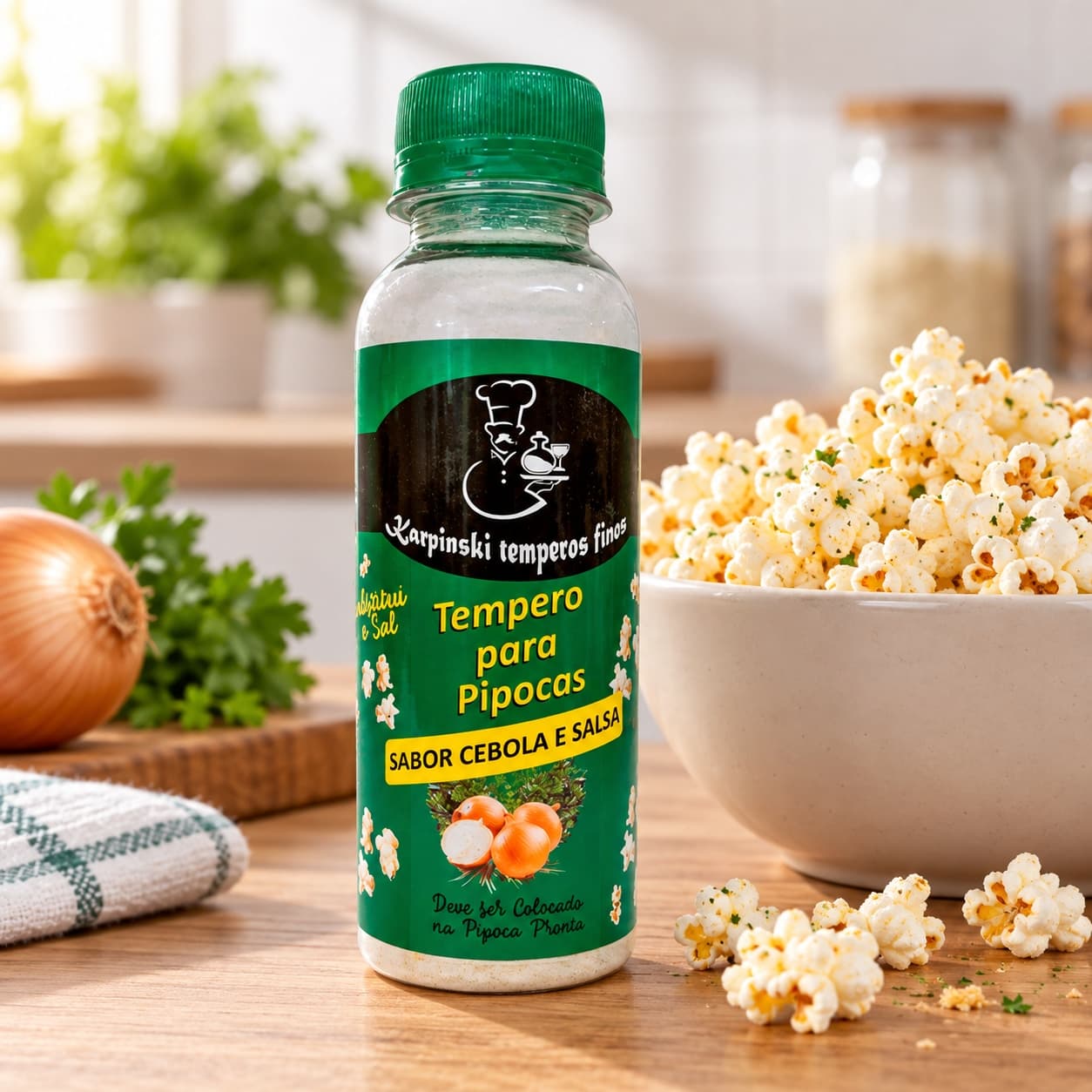 Tempero para Pipoca Sabor Cebola e Salsa Karpinski — ao lado de porção de pipoca