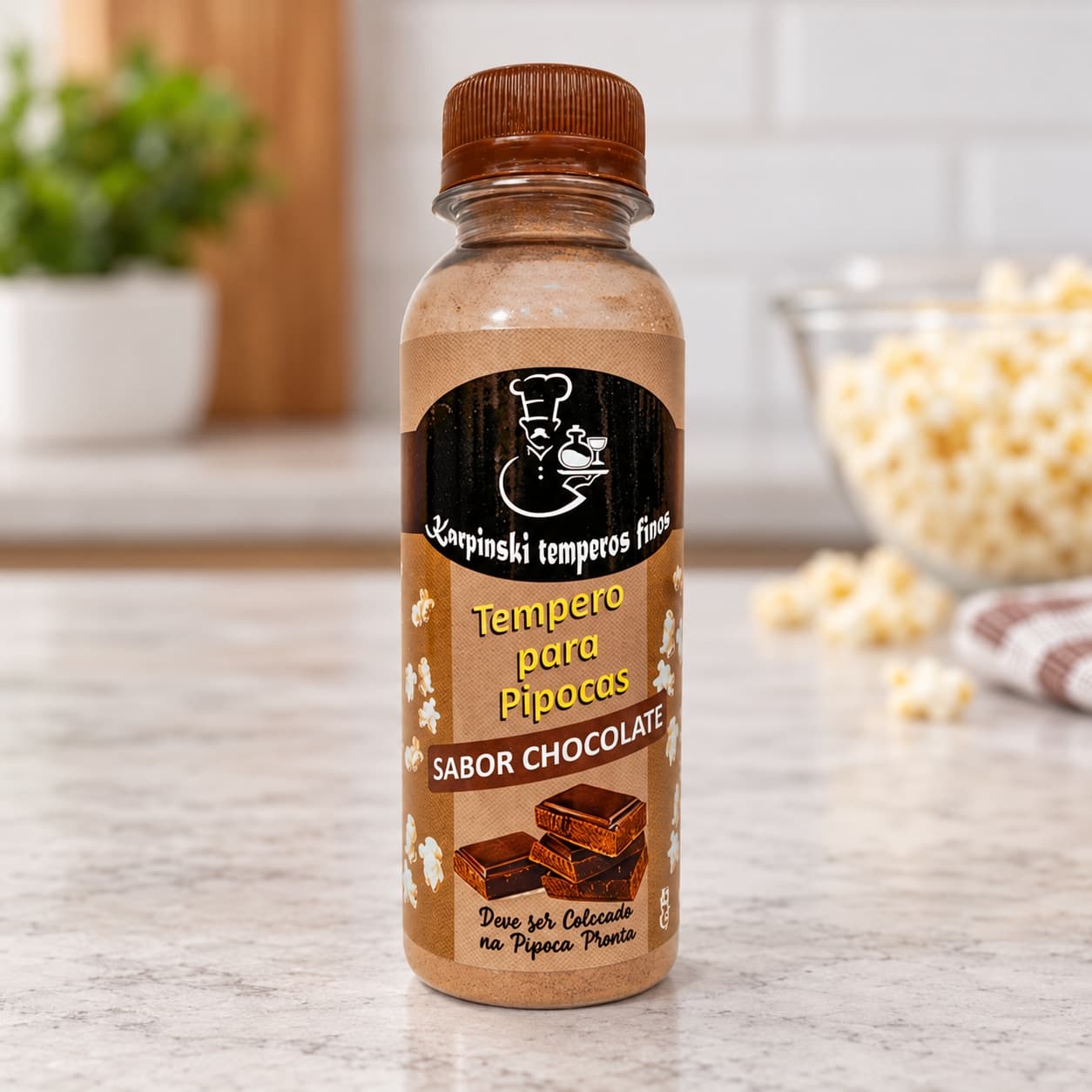Tempero para Pipoca Sabor Chocolate Karpinski — detalhe da embalagem e do rótulo