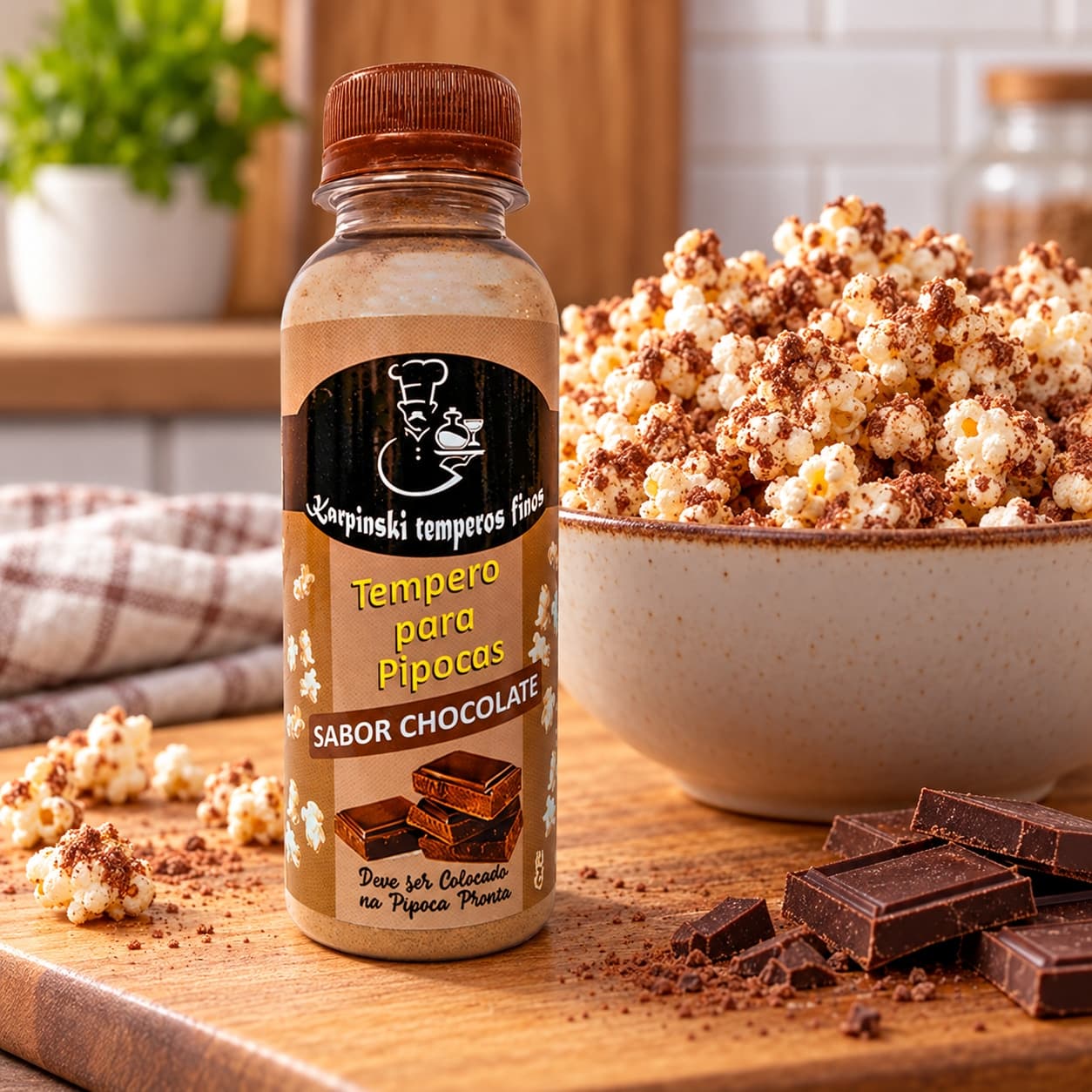 Tempero para Pipoca Sabor Chocolate Karpinski — no preparo com pipoca preparada em tigela