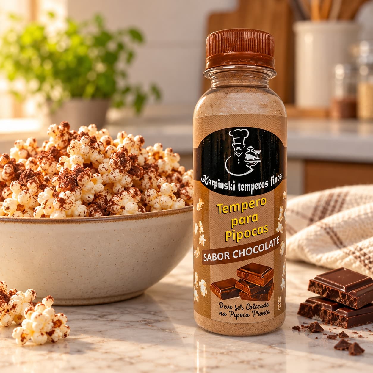 Tempero para Pipoca Sabor Chocolate Karpinski — com pipoca preparada em tigela