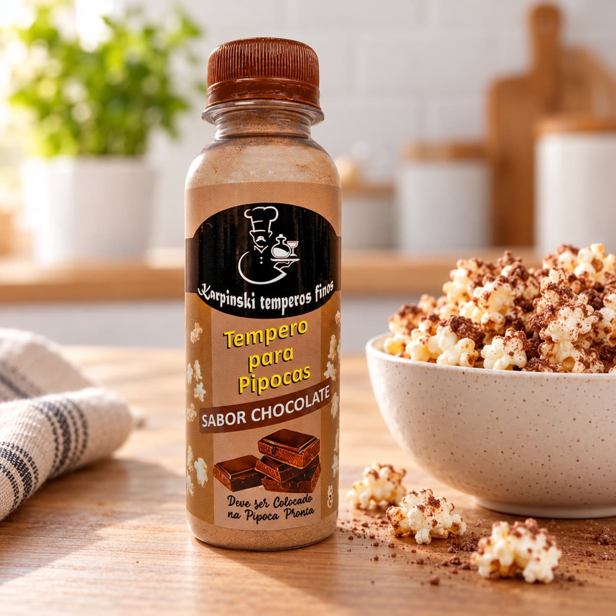 Tempero para Pipoca Sabor Chocolate Karpinski — ao lado de porção de pipoca
