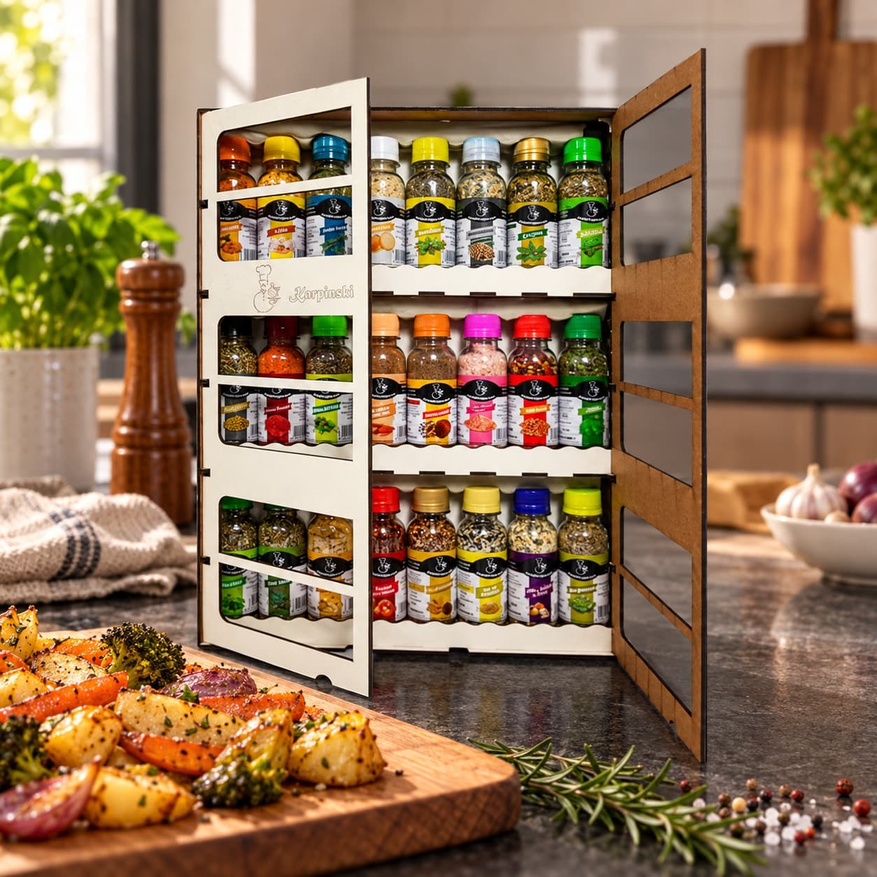 Monte seu Kit com 24 Temperos e Armarinho Karpinski — no preparo com legumes assados
