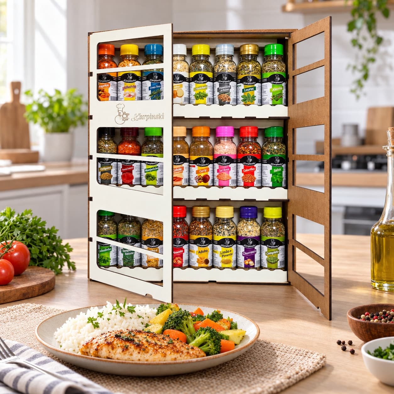 Monte seu Kit com 24 Temperos e Armarinho Karpinski — ao lado de refeição com arroz e legumes