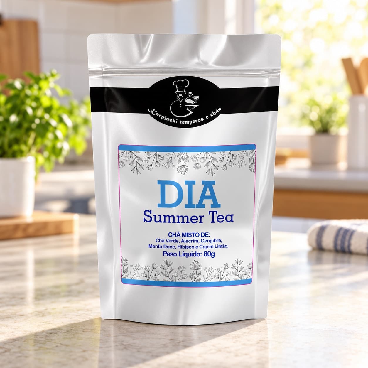 Chá Dia Summer Tea Karpinski 80 g — na bancada da cozinha