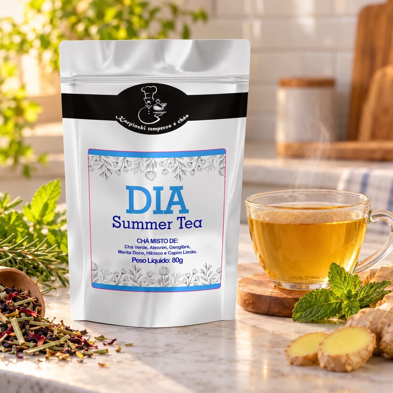 Chá Dia Summer Tea Karpinski 80 g — com chá preparado em xícara