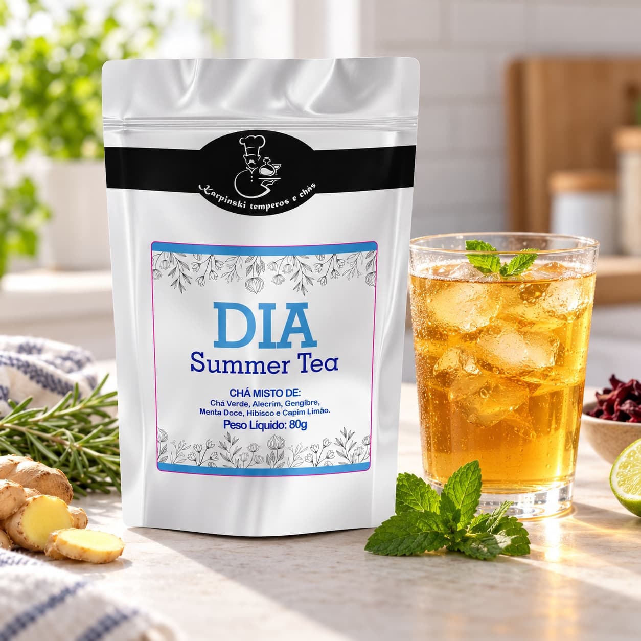 Chá Dia Summer Tea Karpinski 80 g — ao lado de chá servido em copo