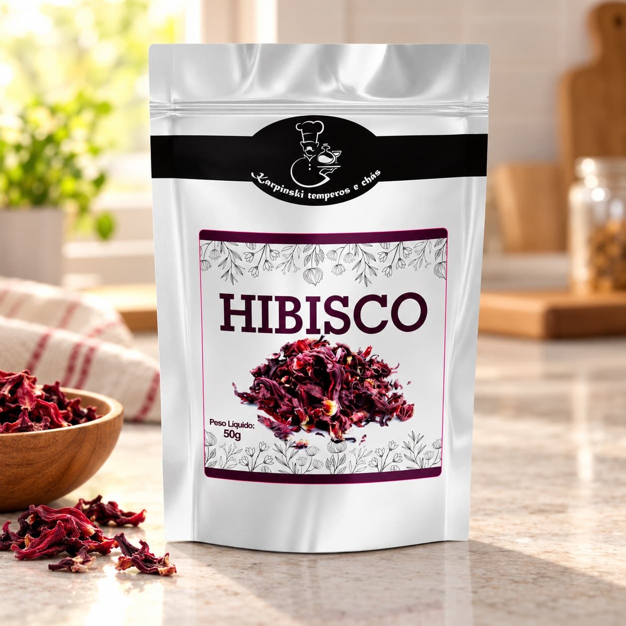 Chá de Hibisco Karpinski 50 g — na bancada da cozinha