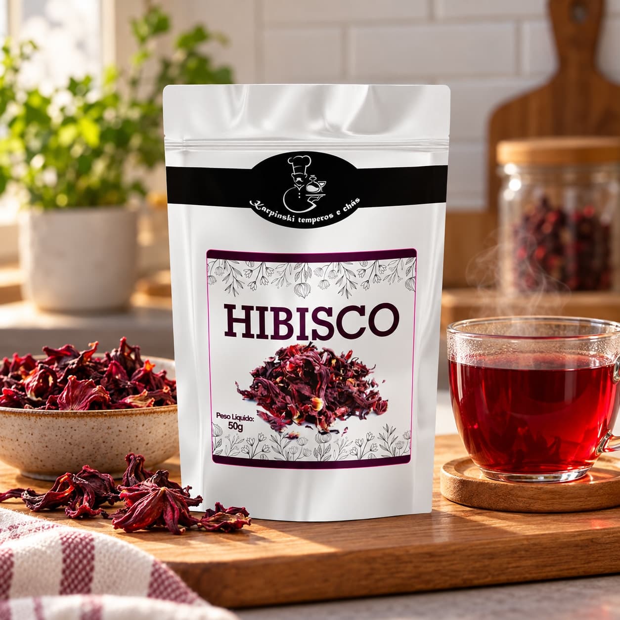 Chá de Hibisco Karpinski 50 g — no preparo com chá preparado em xícara