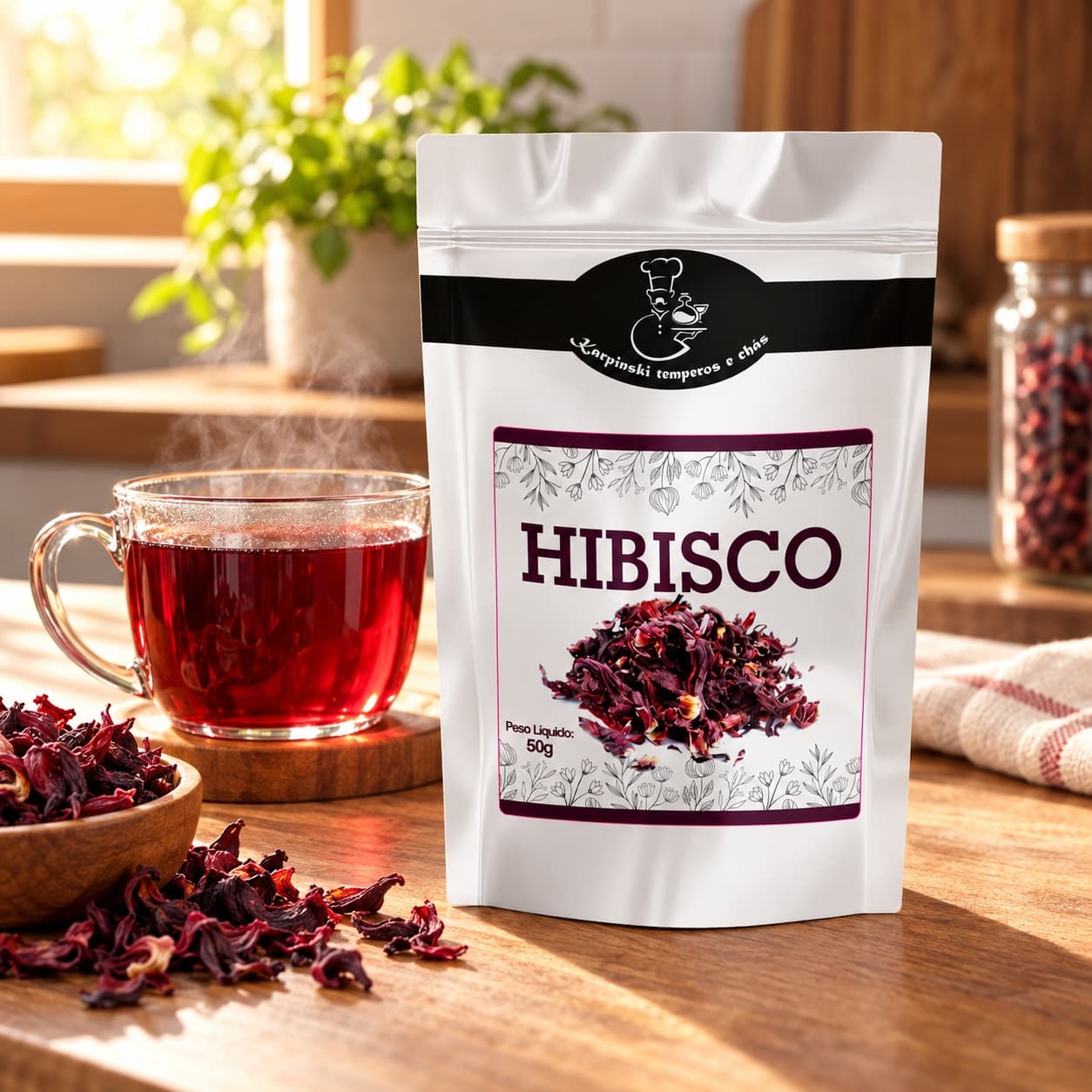 Chá de Hibisco Karpinski 50 g — com chá preparado em xícara