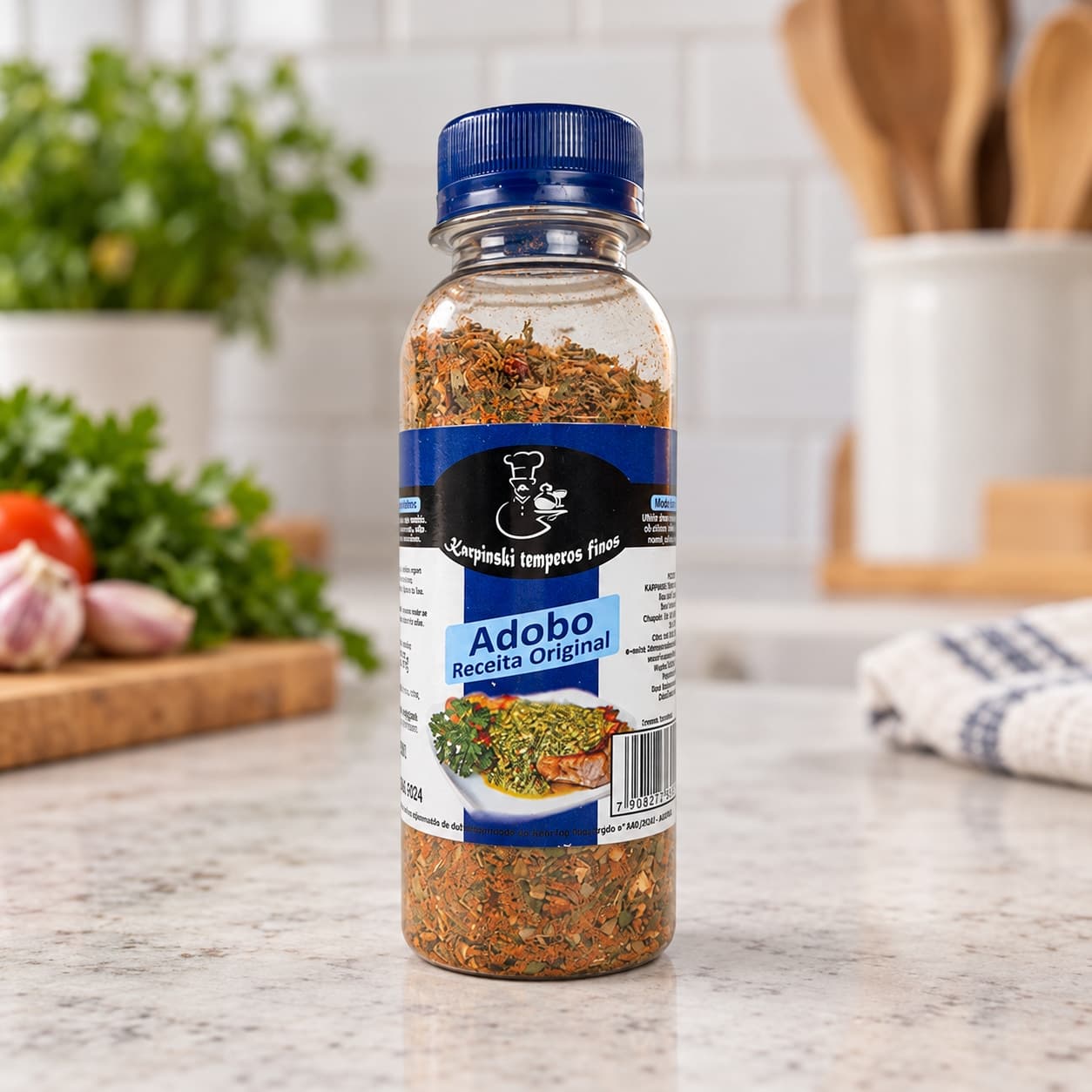 Tempero Adobo Completo Karpinski — detalhe da embalagem e do rótulo