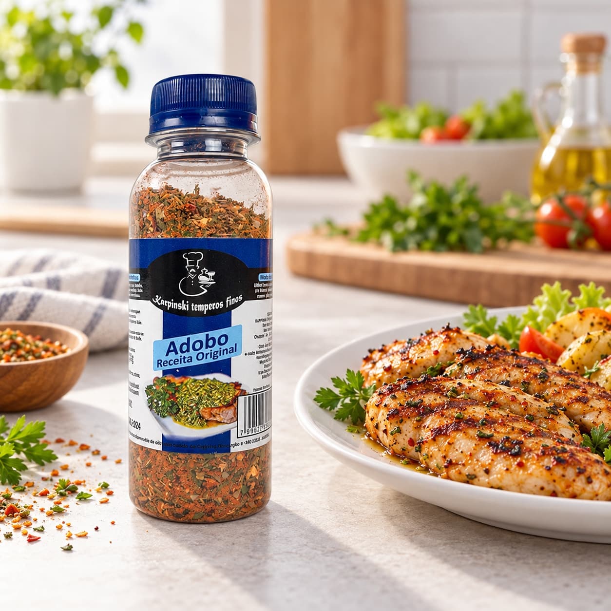Tempero Adobo Completo Karpinski — ao lado de frango grelhado