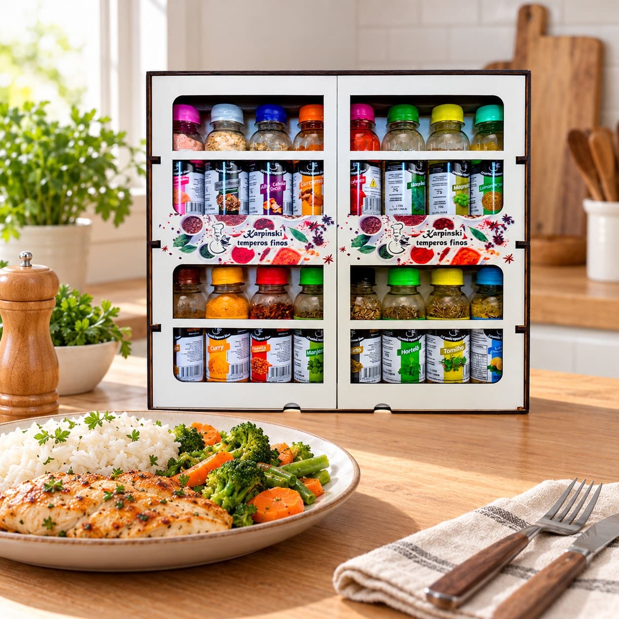Monte seu Kit com 16 Temperos e Armarinho Karpinski — ao lado de refeição com arroz e legumes