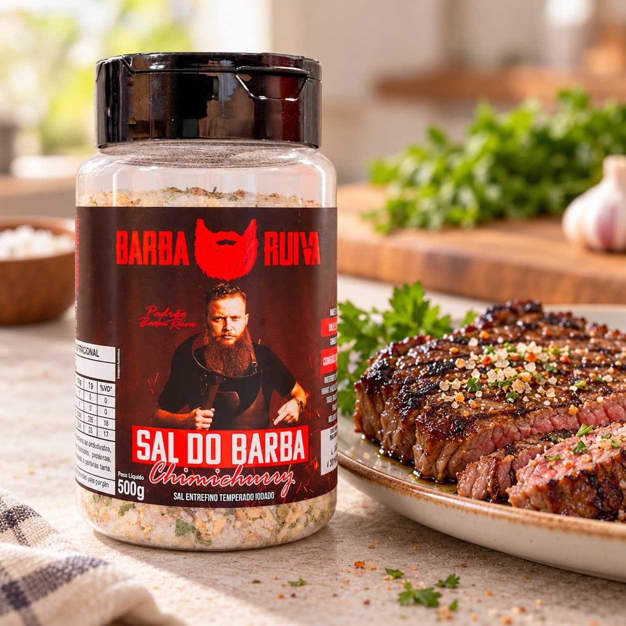 Sal do Barba Chimichurry Barba Ruiva 500 g — ao lado de carne grelhada
