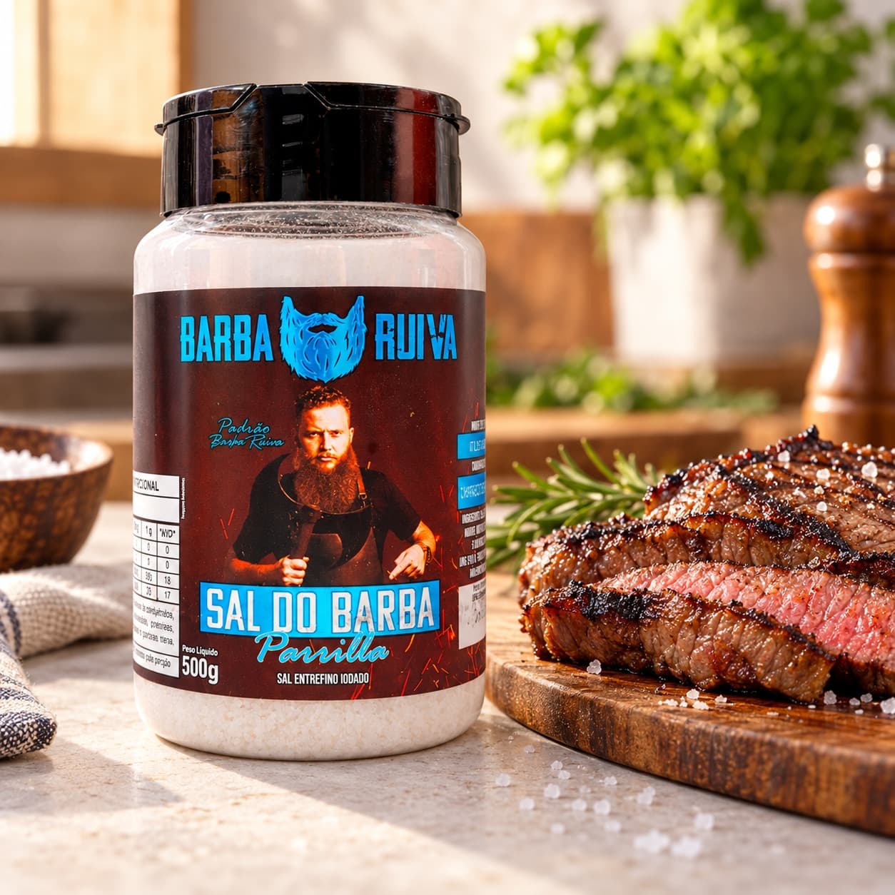 Sal do Barba Parrilla Barba Ruiva 500 g — ao lado de carne grelhada