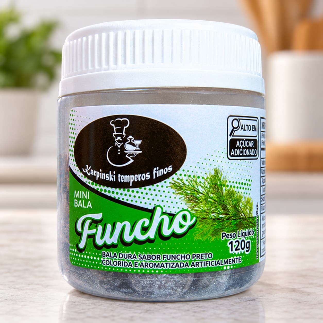 Bala de Funcho Karpinski 120 g — detalhe da embalagem e do rótulo