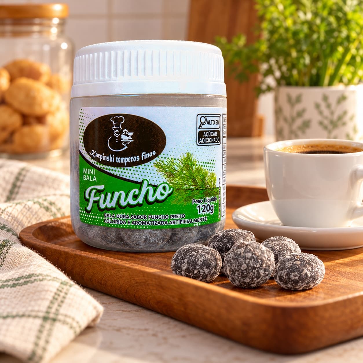 Bala de Funcho Karpinski 120 g — com café servido em bandeja