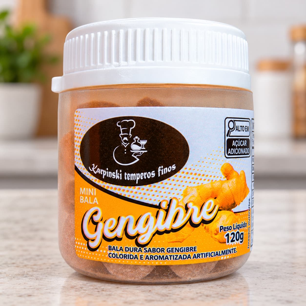 Bala de Gengibre Karpinski 120 g — detalhe da embalagem e do rótulo