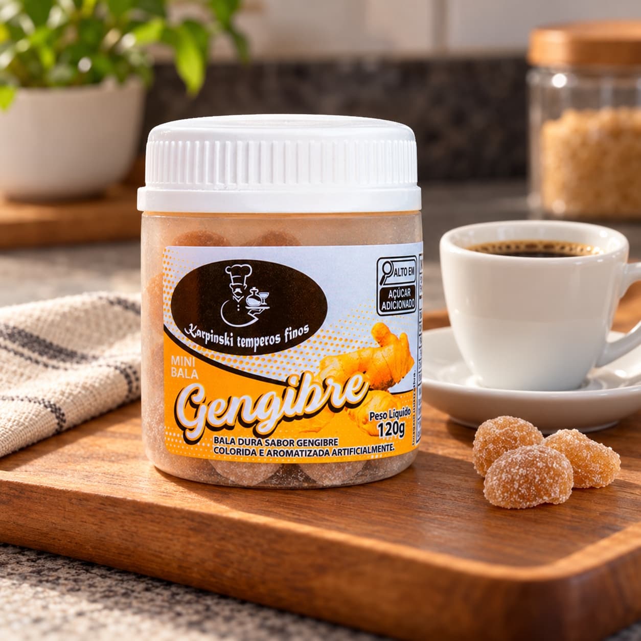 Bala de Gengibre Karpinski 120 g — no preparo com café servido em bandeja