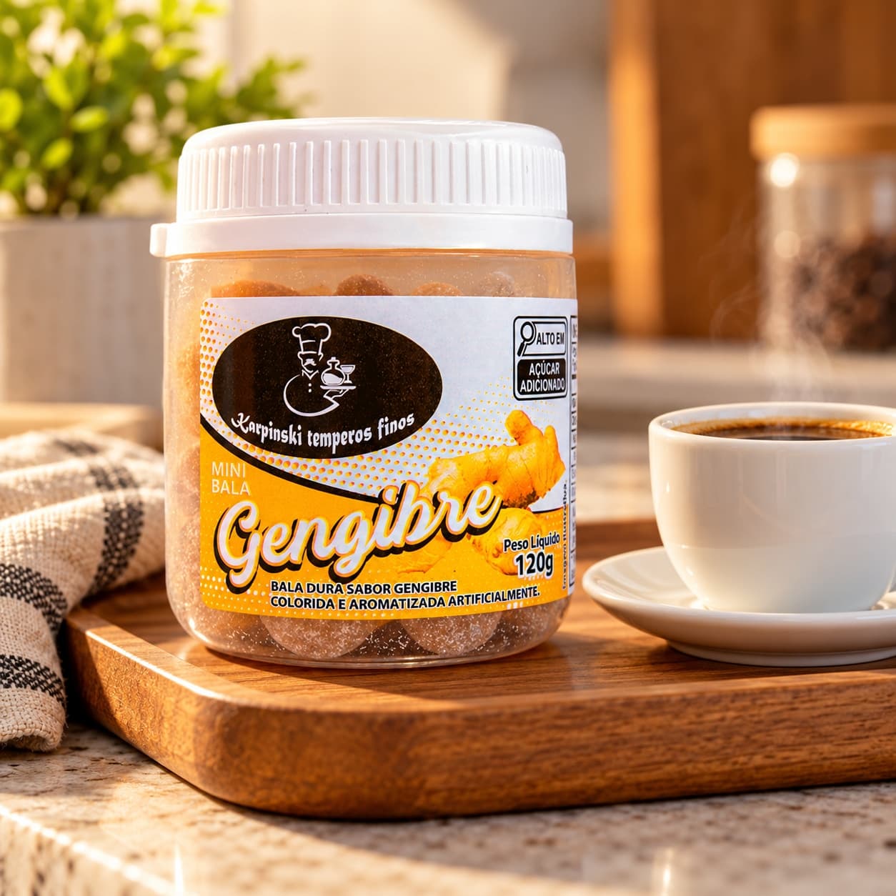 Bala de Gengibre Karpinski 120 g — com café servido em bandeja