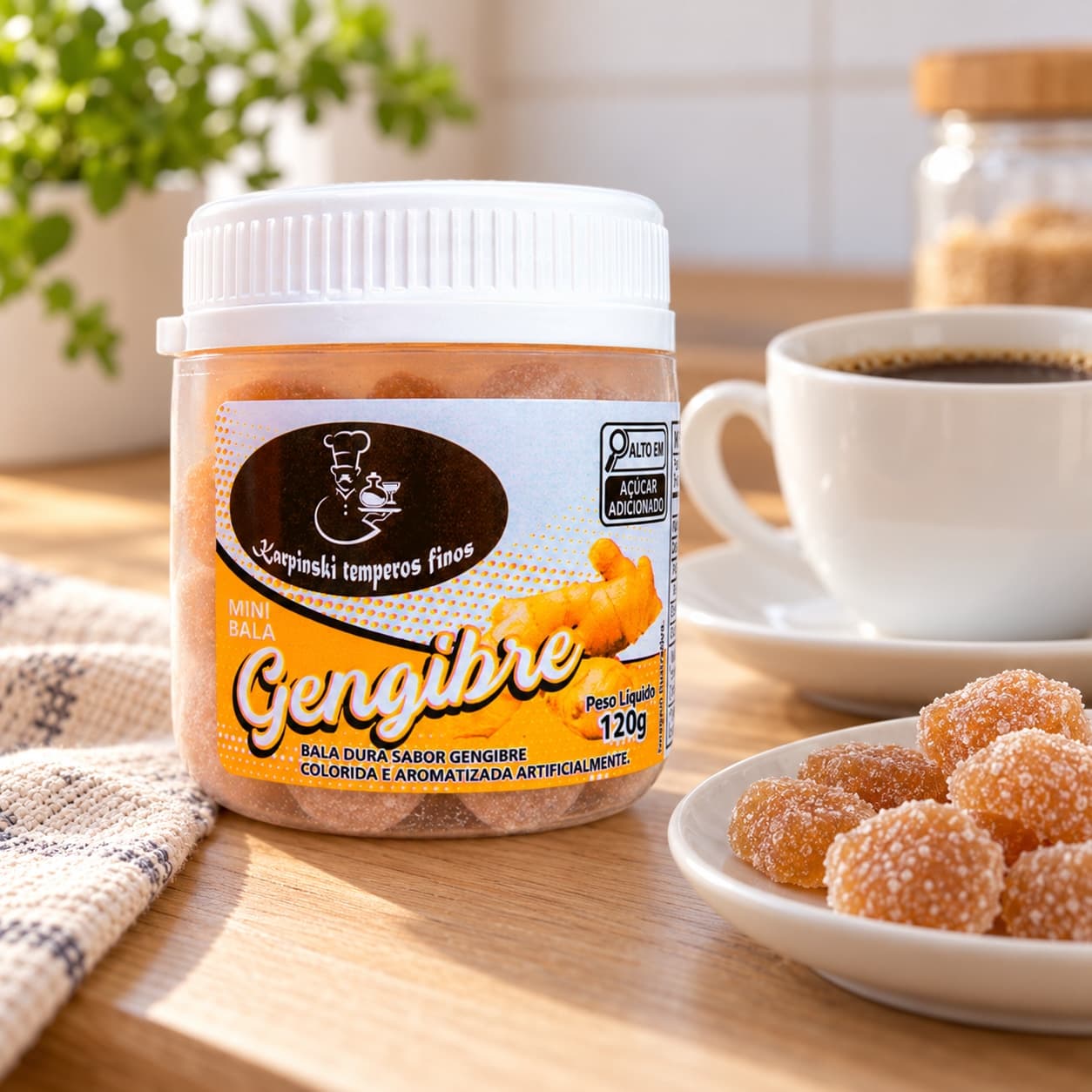 Bala de Gengibre Karpinski 120 g — ao lado de mesa de café da tarde