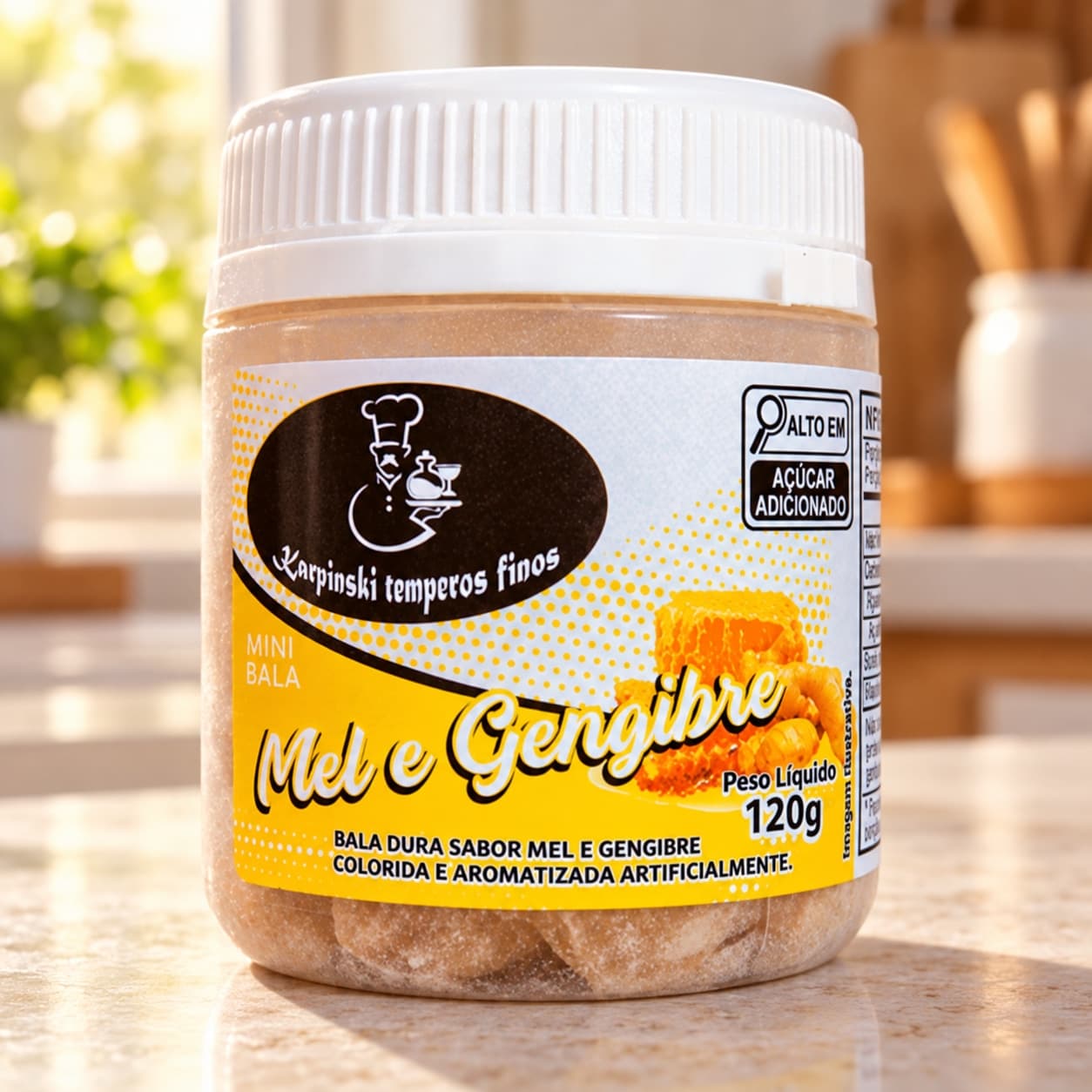 Bala de Mel e Gengibre Karpinski 120 g — na bancada da cozinha