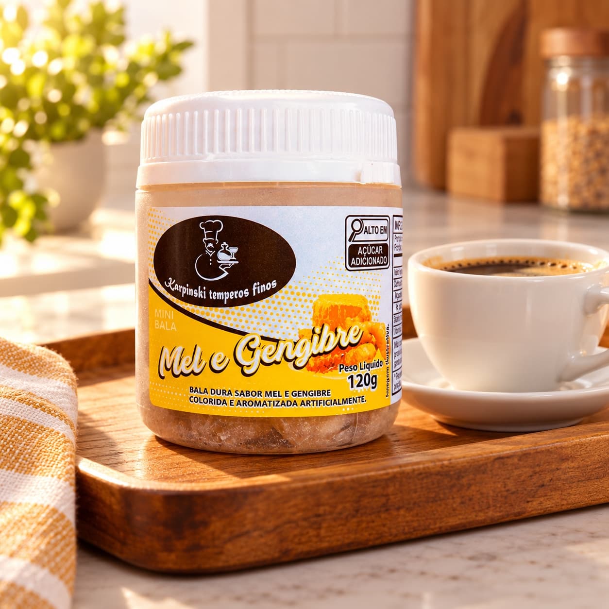 Bala de Mel e Gengibre Karpinski 120 g — com café servido em bandeja