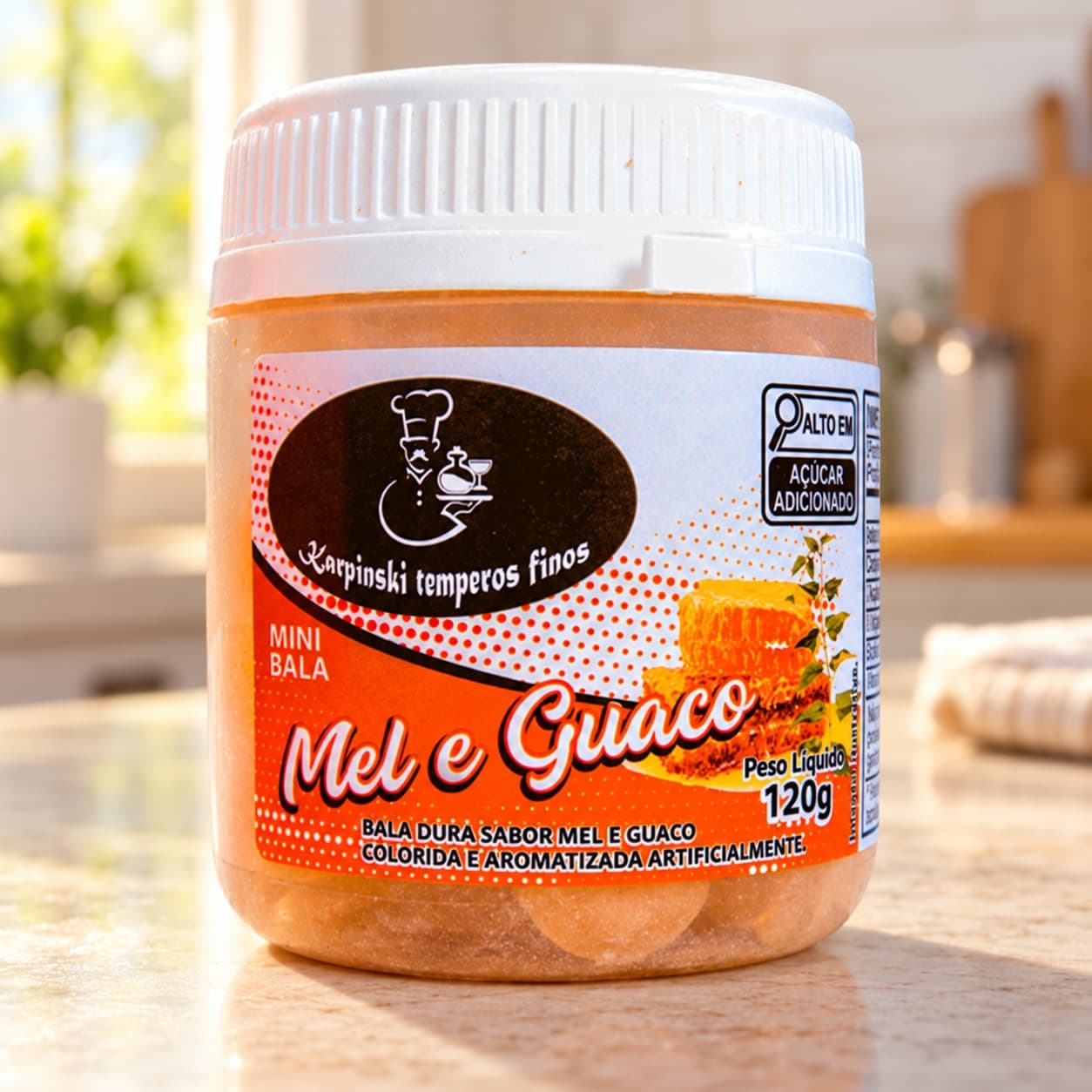 Bala de Mel e Guaco Karpinski 120 g — na bancada da cozinha