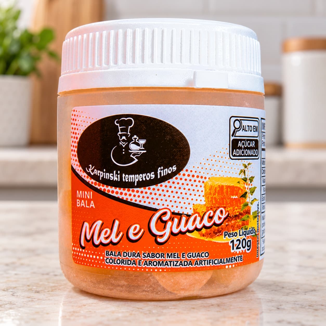 Bala de Mel e Guaco Karpinski 120 g — detalhe da embalagem e do rótulo