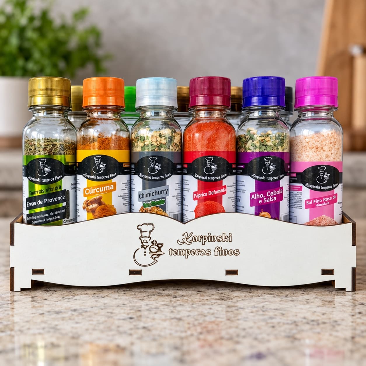 Kit com 11 Temperos Tradicionais Karpinski — detalhe da embalagem e do rótulo