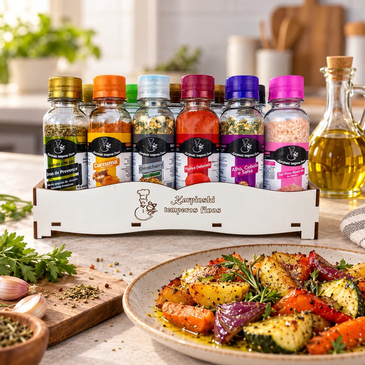 Kit com 11 Temperos Tradicionais Karpinski — com legumes assados