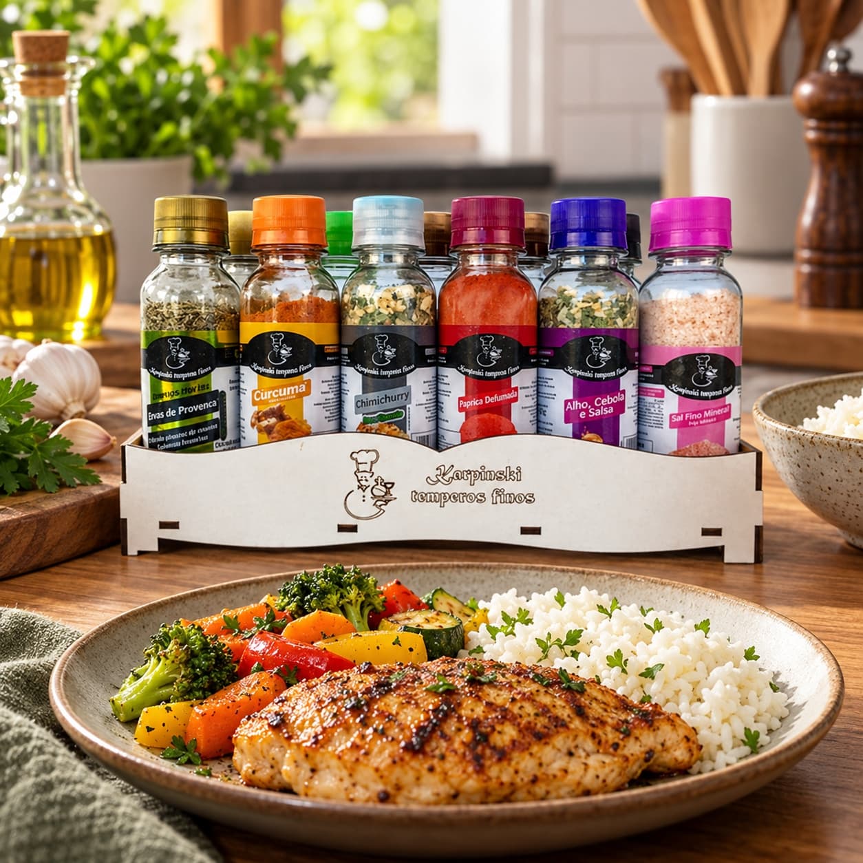 Kit com 11 Temperos Tradicionais Karpinski — ao lado de frango grelhado, arroz e legumes