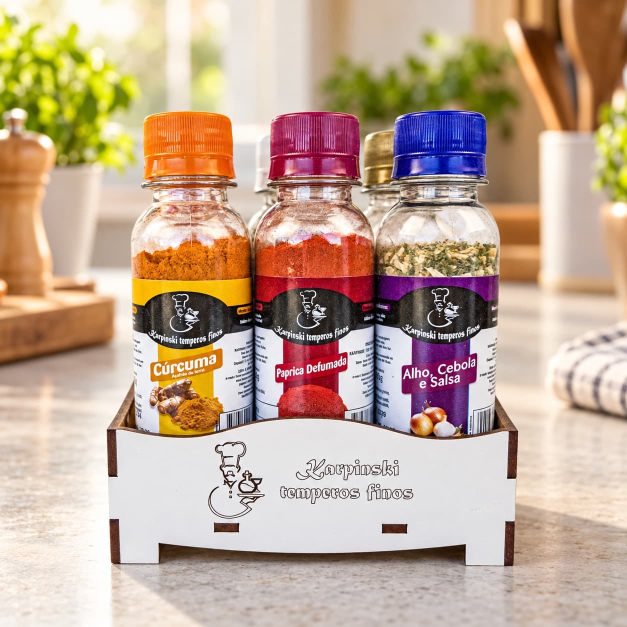 Kit com 6 Temperos Tradicionais Karpinski — na bancada da cozinha