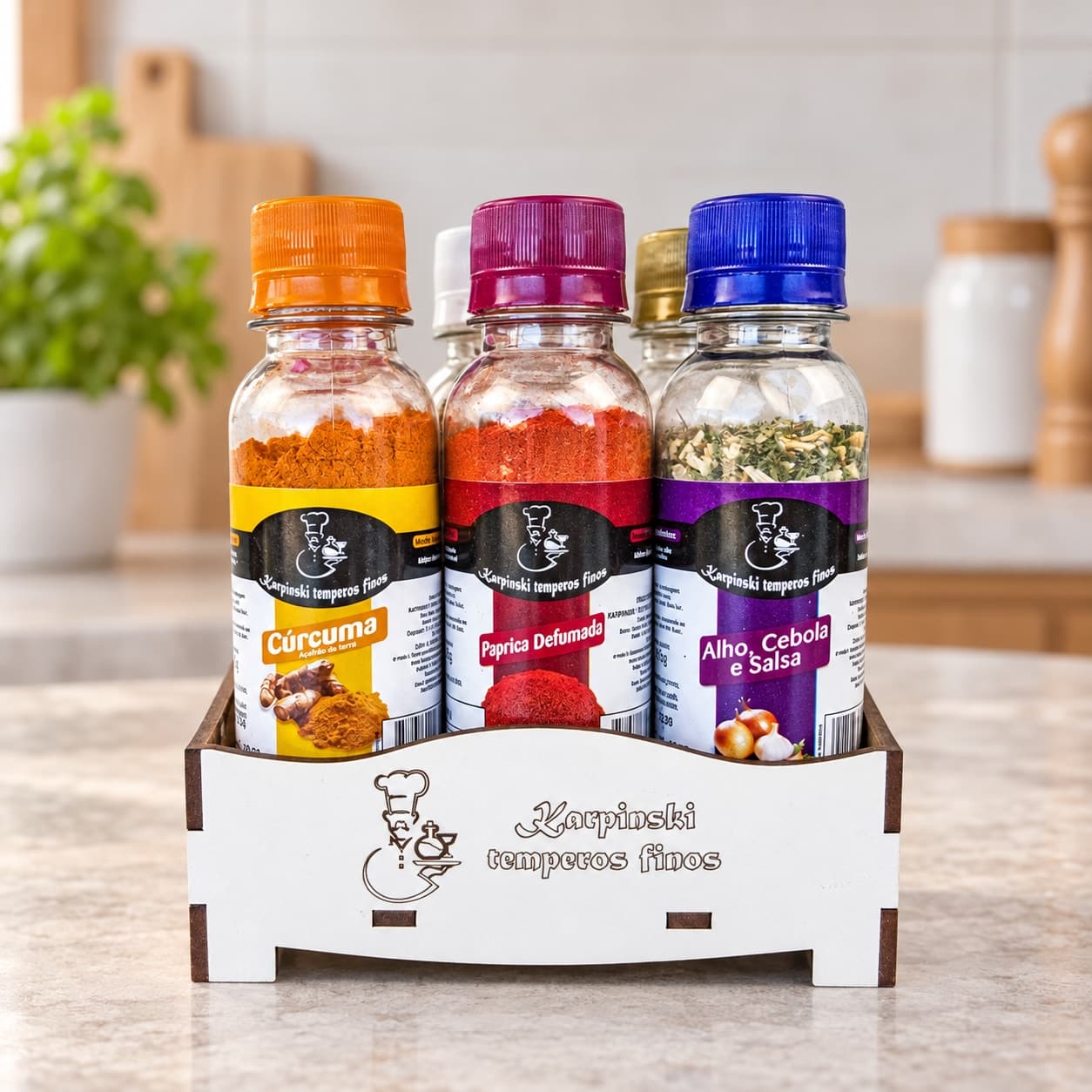 Kit com 6 Temperos Tradicionais Karpinski — detalhe da embalagem e do rótulo