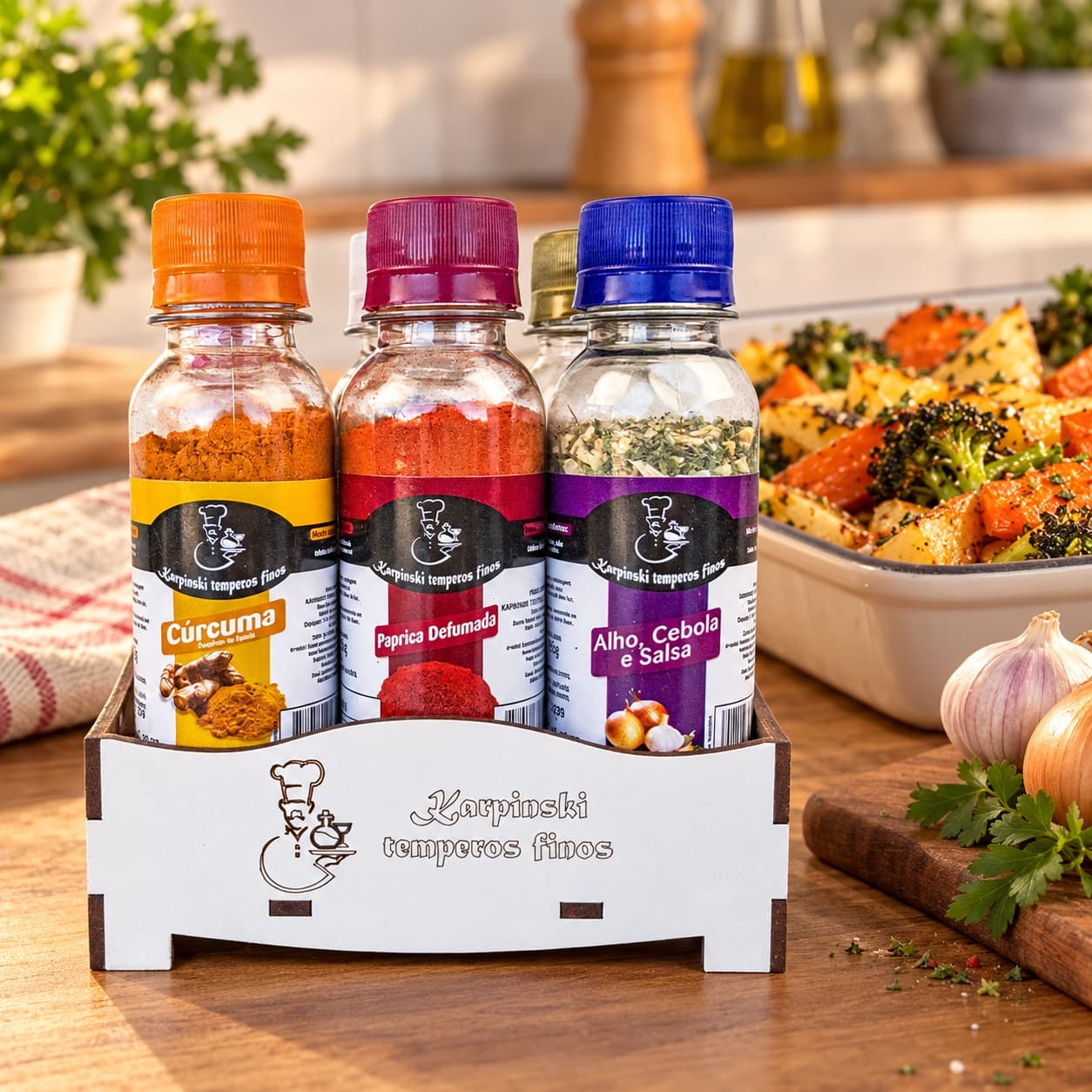 Kit com 6 Temperos Tradicionais Karpinski — com legumes assados