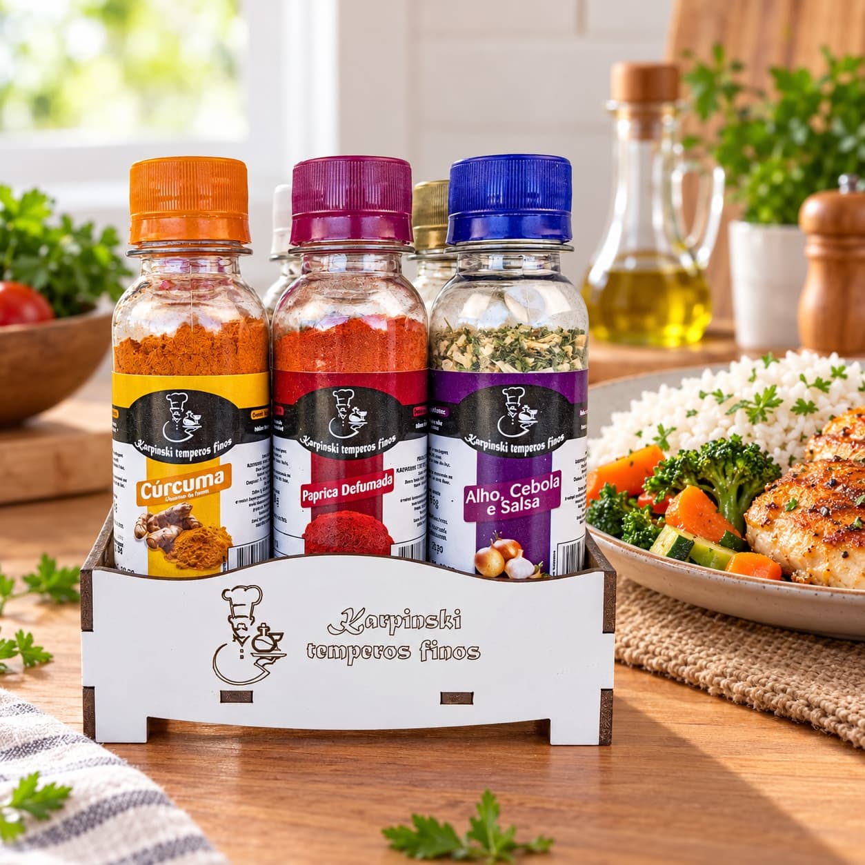 Kit com 6 Temperos Tradicionais Karpinski — ao lado de refeição com arroz e legumes