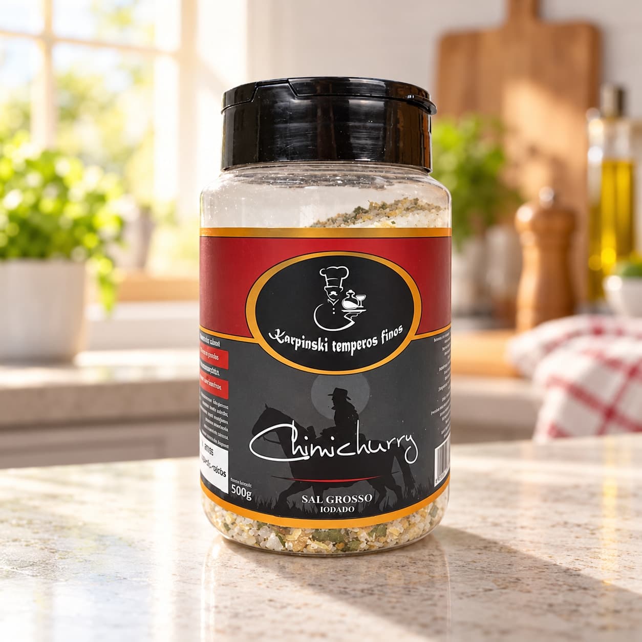 Sal Grosso com Chimichurri Karpinski 500 g — na bancada da cozinha