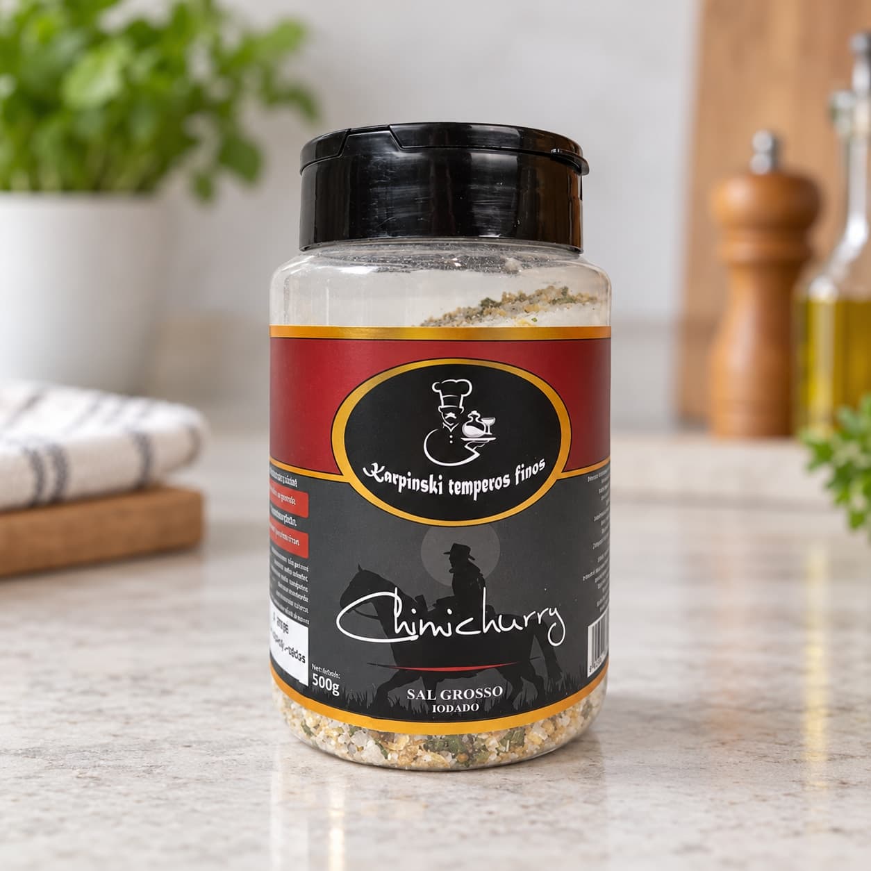 Sal Grosso com Chimichurri Karpinski 500 g — detalhe da embalagem e do rótulo