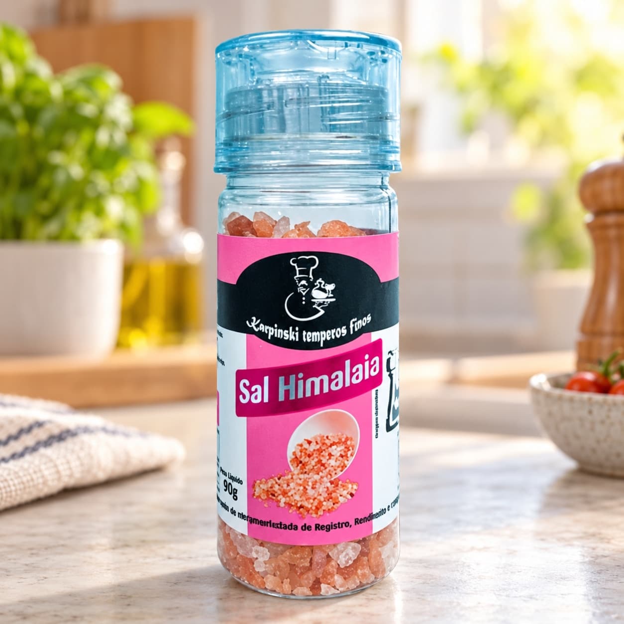 Sal Himalaia Moedor Karpinski 90 g — na bancada da cozinha