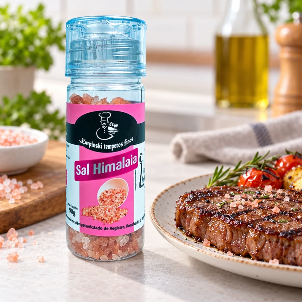 Sal Himalaia Moedor Karpinski 90 g — ao lado de carne grelhada
