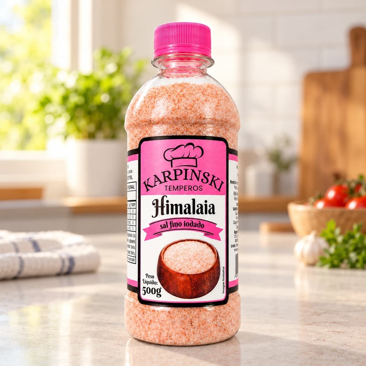 Sal Rosa do Himalaia Iodado Karpinski 500 g — na bancada da cozinha