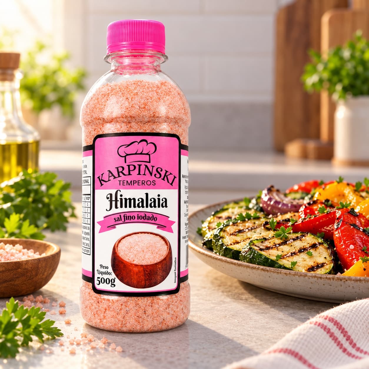 Sal Rosa do Himalaia Iodado Karpinski 500 g — com legumes grelhados