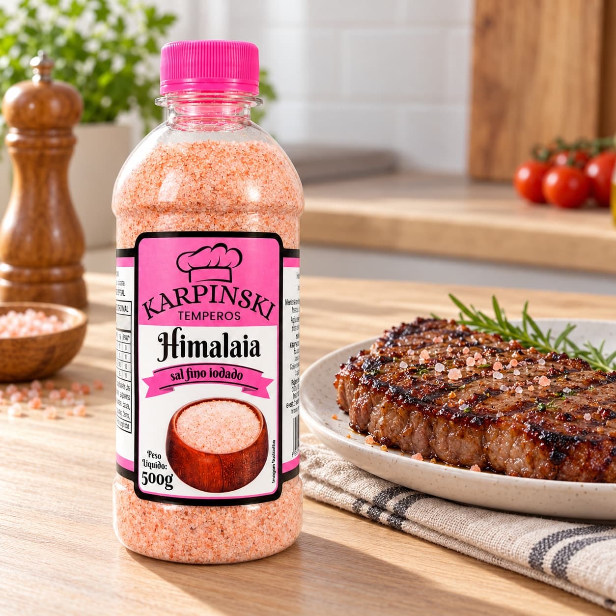 Sal Rosa do Himalaia Iodado Karpinski 500 g — ao lado de carne grelhada