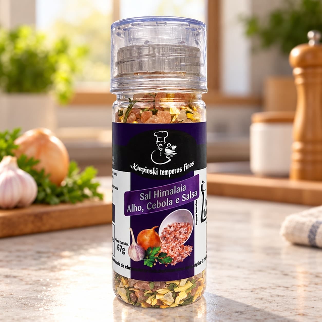 Sal Himalaia Alho Cebola Salsa Moedor Karpinski 57 g — na bancada da cozinha