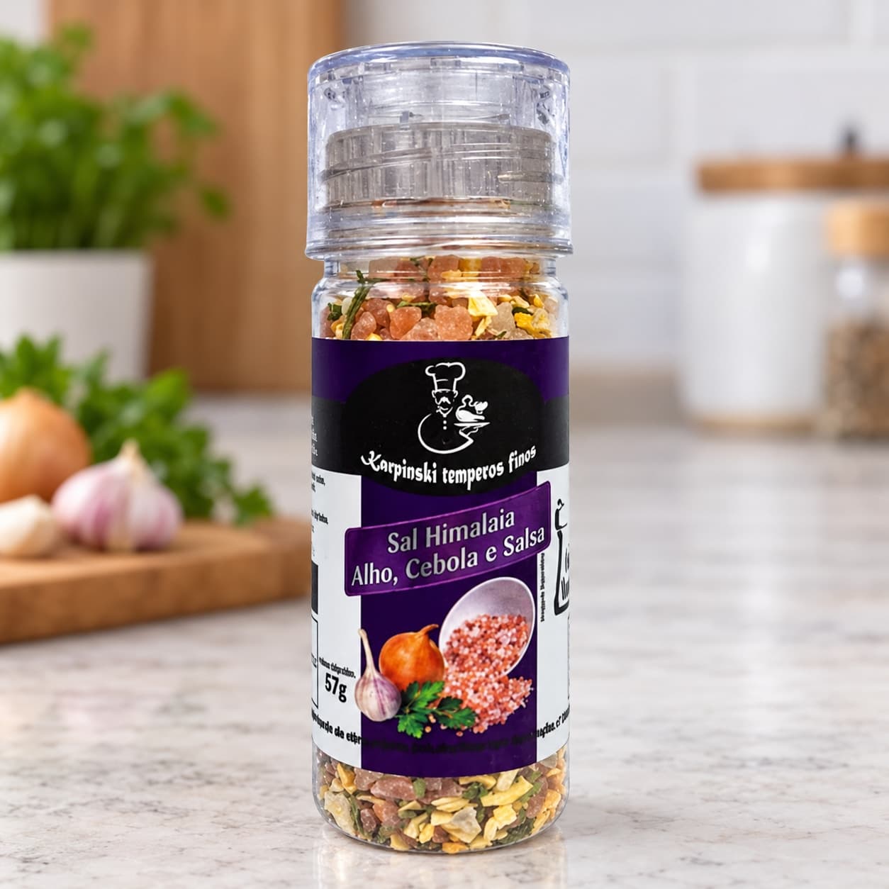 Sal Himalaia Alho Cebola Salsa Moedor Karpinski 57 g — detalhe da embalagem e do rótulo