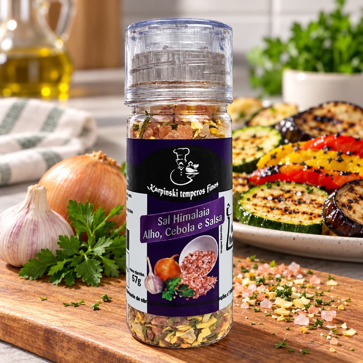 Sal Himalaia Alho Cebola Salsa Moedor Karpinski 57 g — no preparo com legumes grelhados