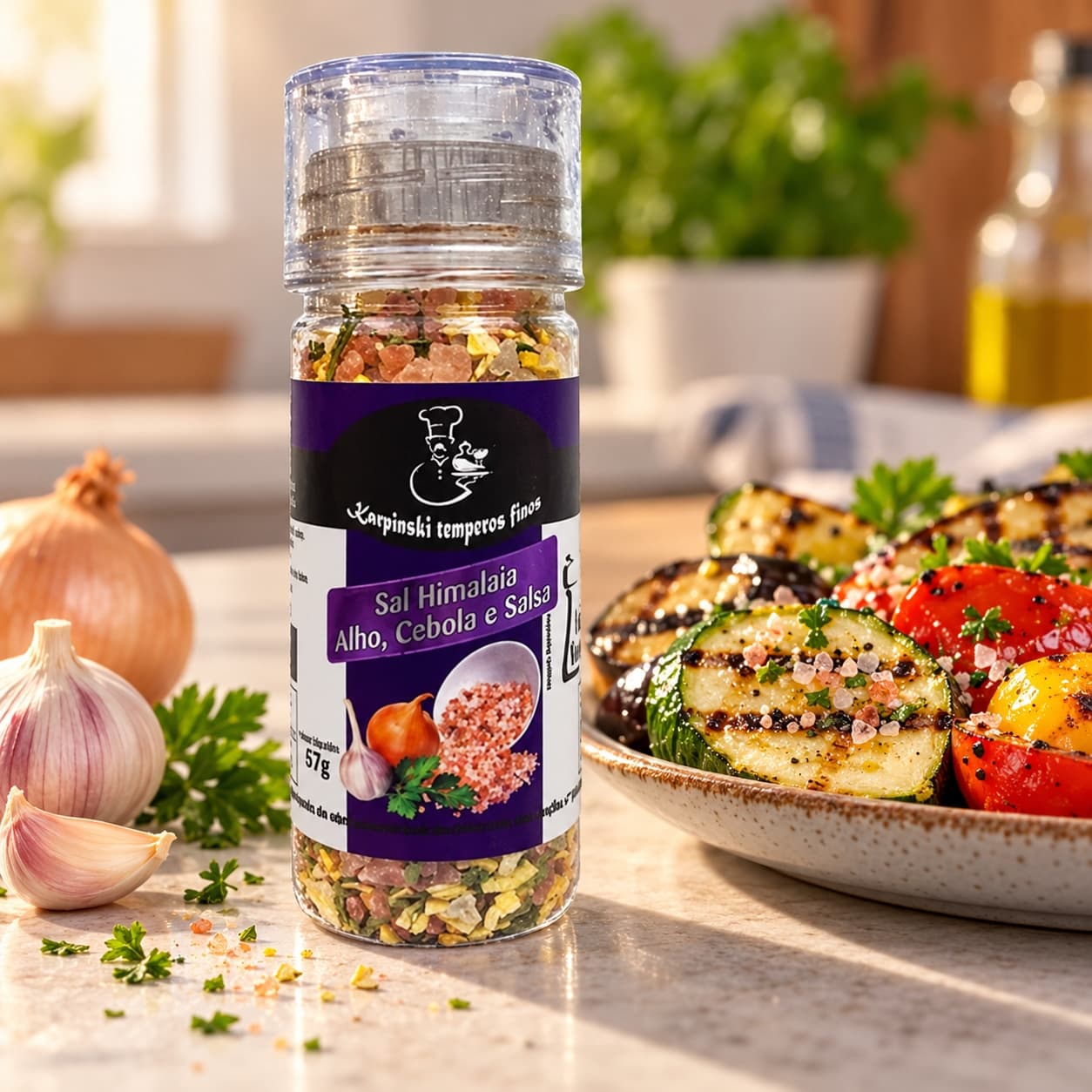 Sal Himalaia Alho Cebola Salsa Moedor Karpinski 57 g — com legumes grelhados