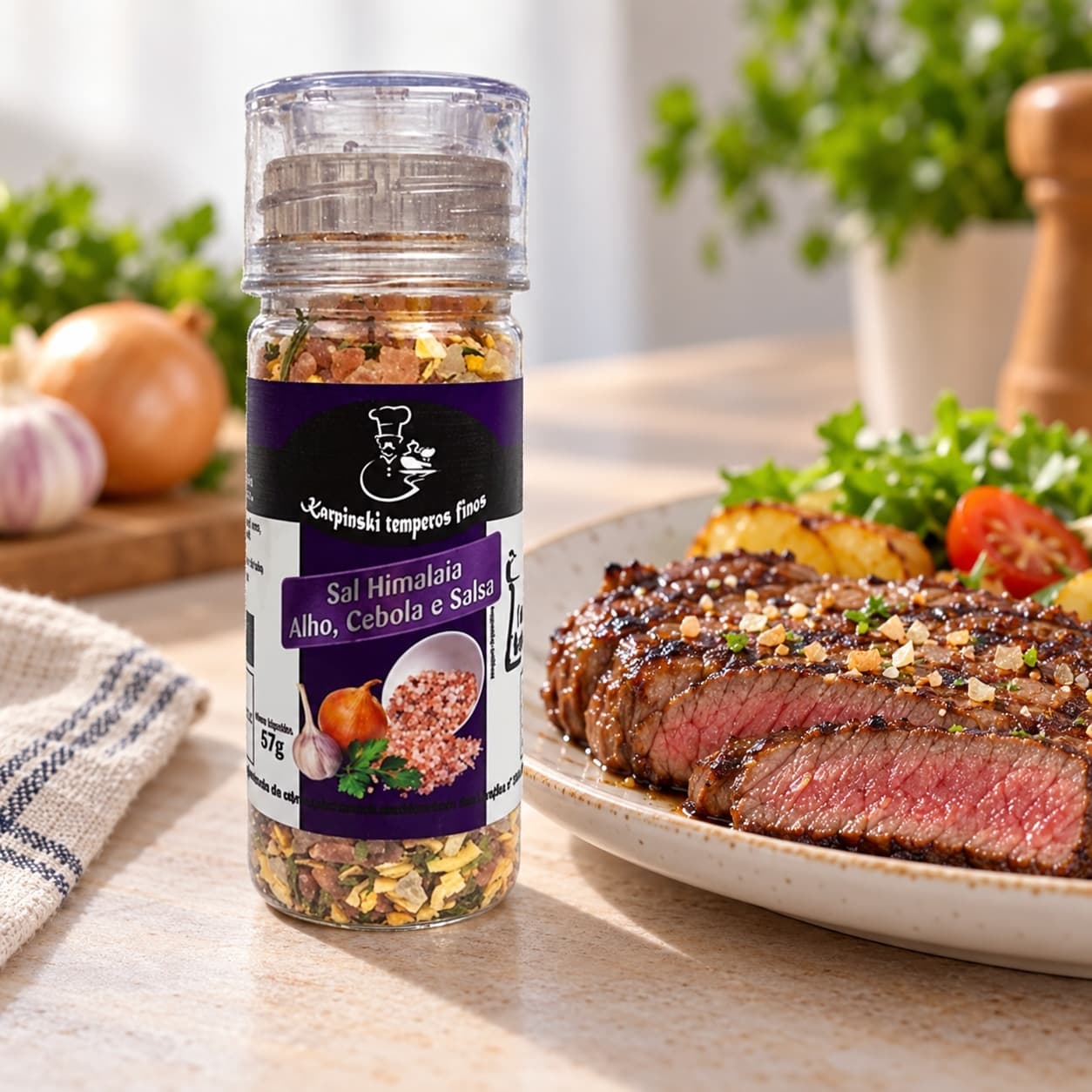 Sal Himalaia Alho Cebola Salsa Moedor Karpinski 57 g — ao lado de carne grelhada