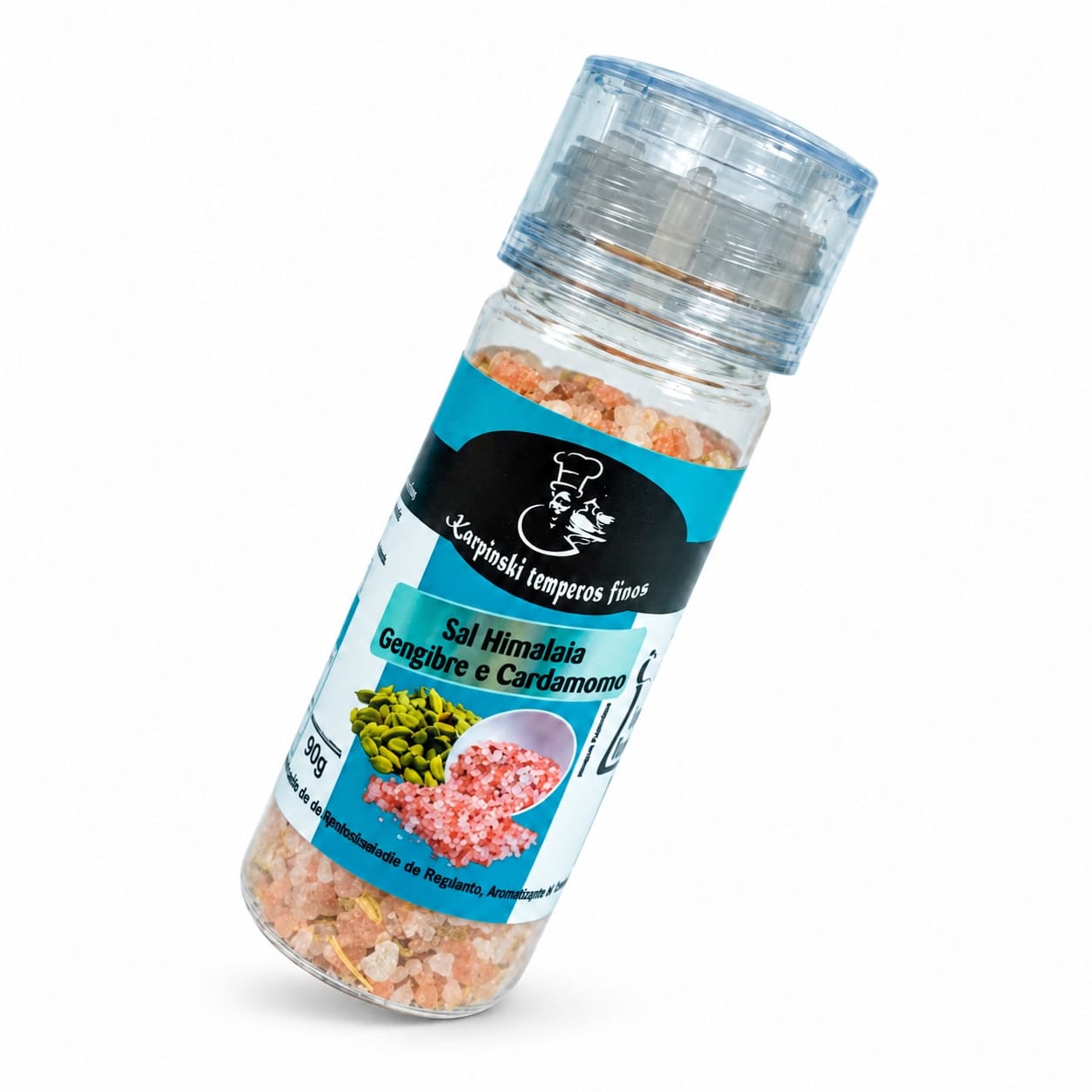 Sal Himalaia Gengibre e Cardamomo com Moedor Karpinski 90 g — embalagem em fundo branco